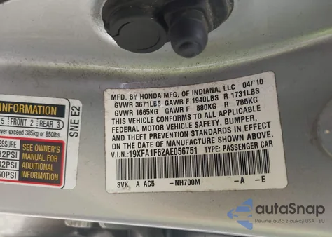 2010 Honda Civic Lx-S из США, поврежденный, VIN 19XFA1F62AE056751